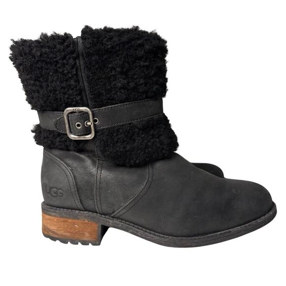UGG Blayre II Boots Womens 8 Black Nubuck Shearling Zip Fur Trim Equestrian Fall - Picture 12 of 16